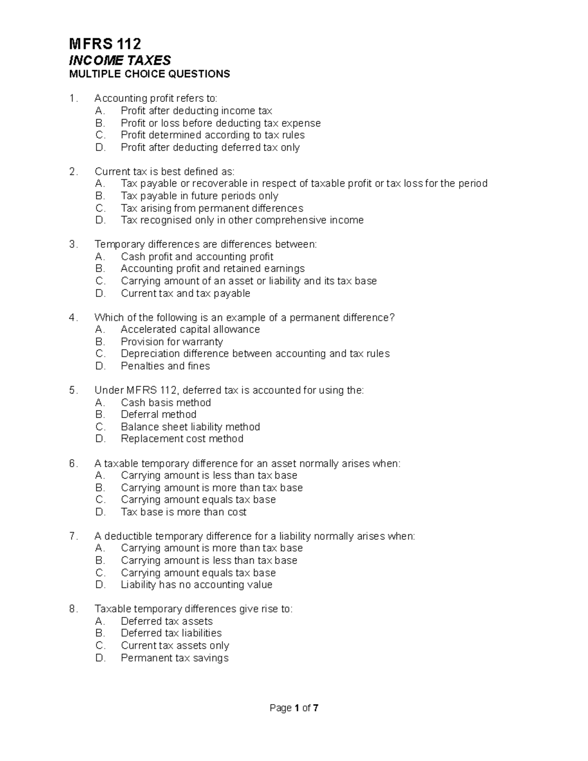 MFRS 112 Income Taxes MCQ Practice Questions and Answers - Studocu