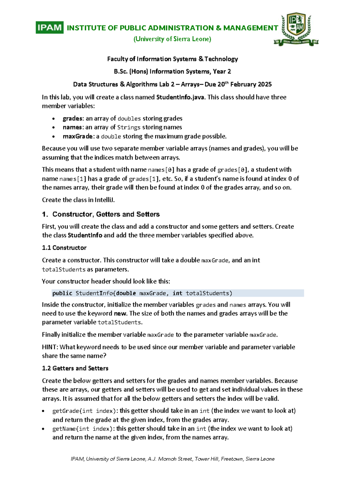 DSA Lab 2 - StudentInfo Class Implementation (Year 2) - Studocu