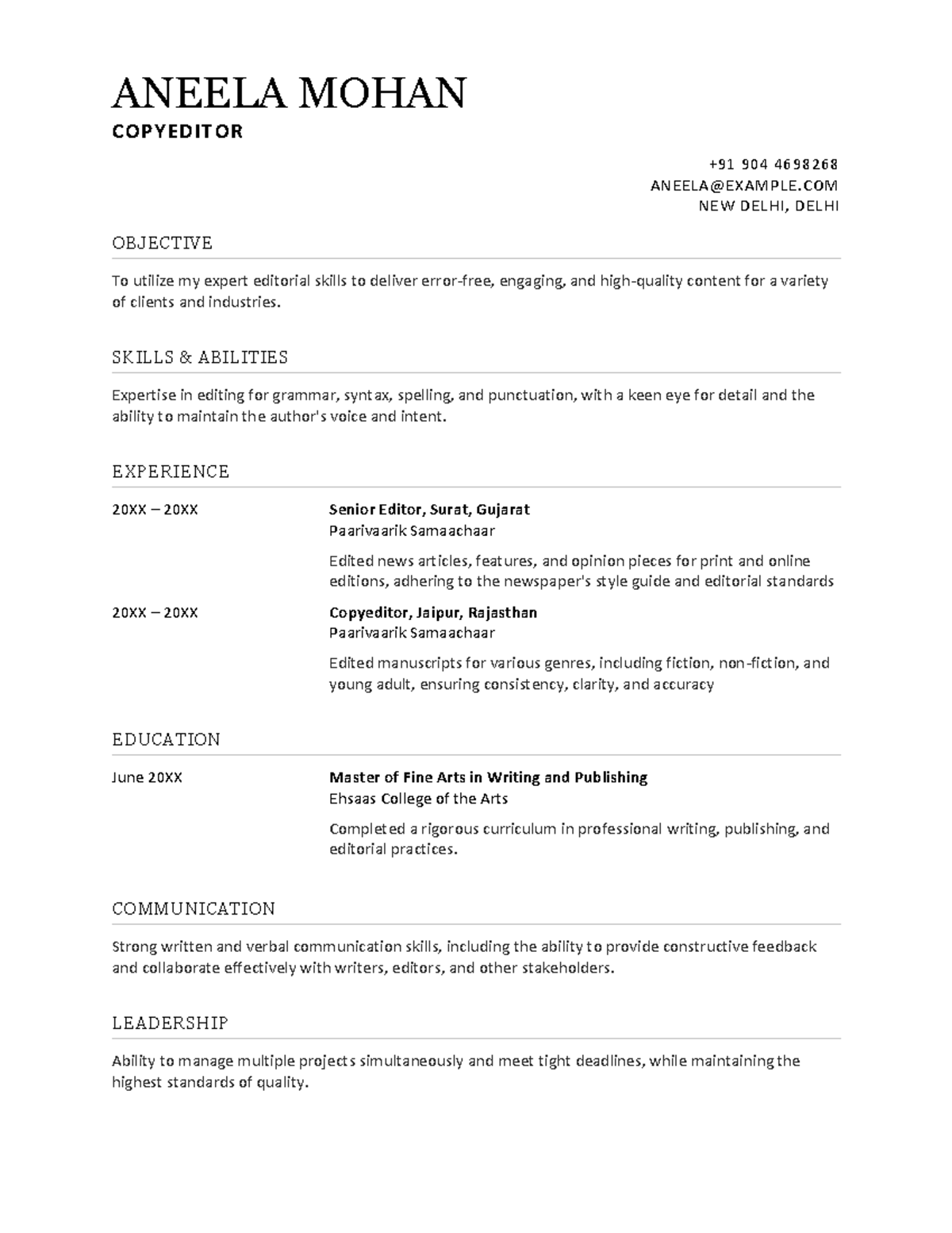 Copyeditor Resume - ANEELA MOHAN - 904 4698268 - Studocu