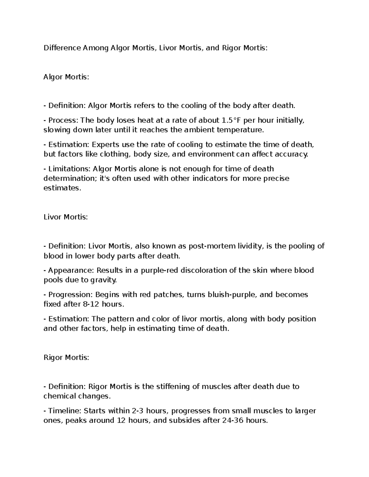 Lividity Timeline