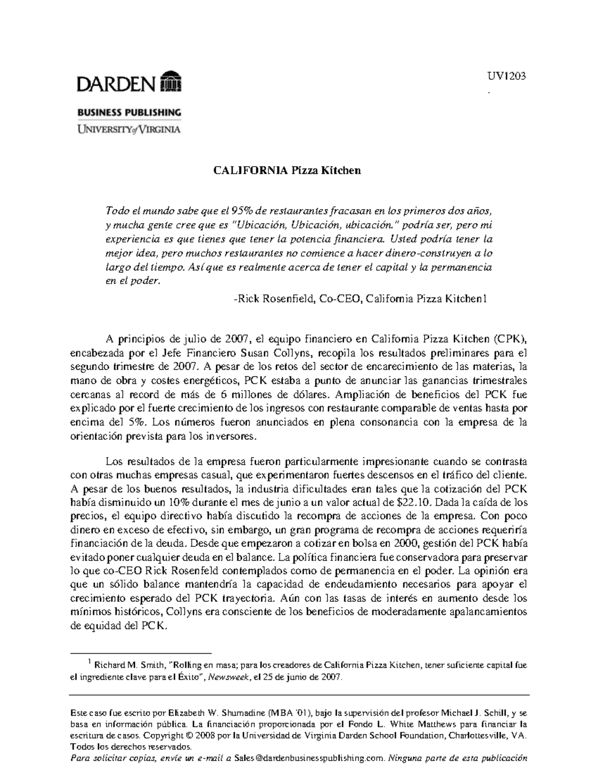 UV1203 - Caso 2: Análisis Financiero de California Pizza Kitchen - Studocu