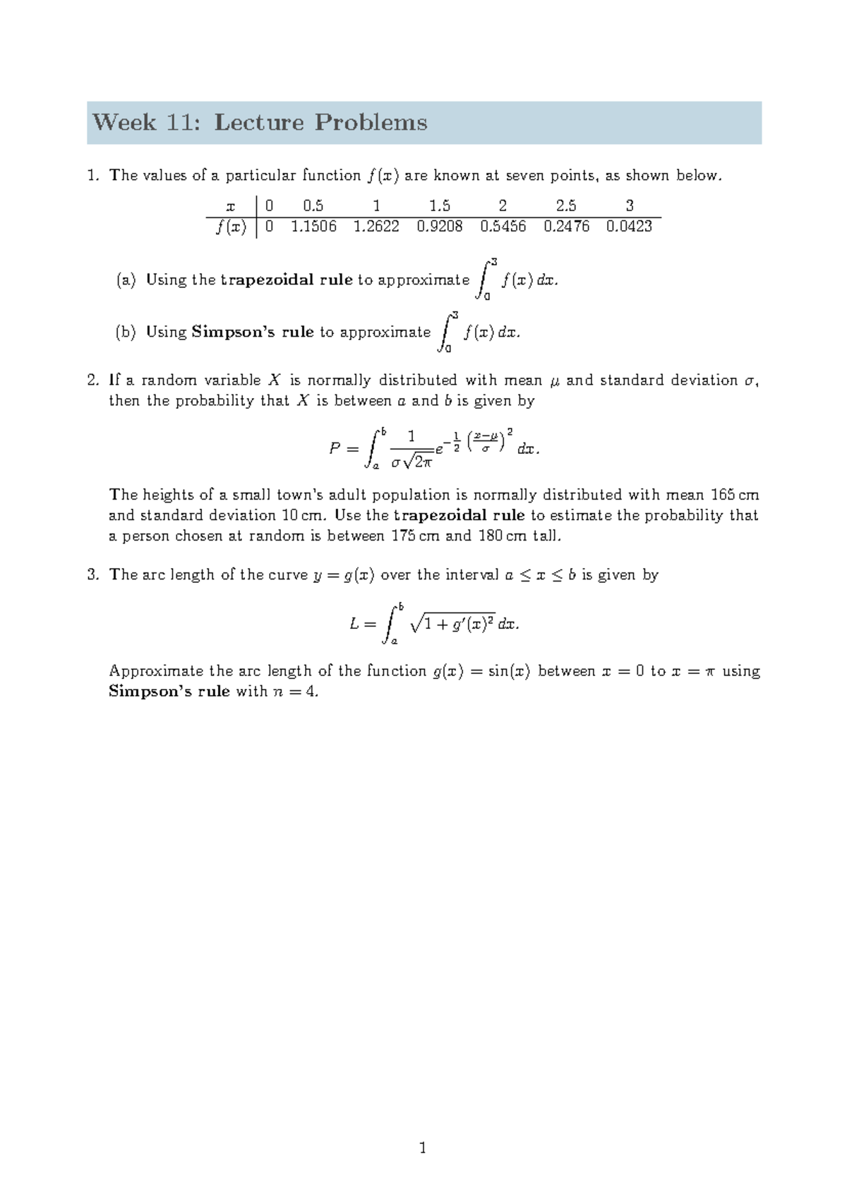 Week 11 Lecture Problems - Week 11: Lecture Problems The values of a ...