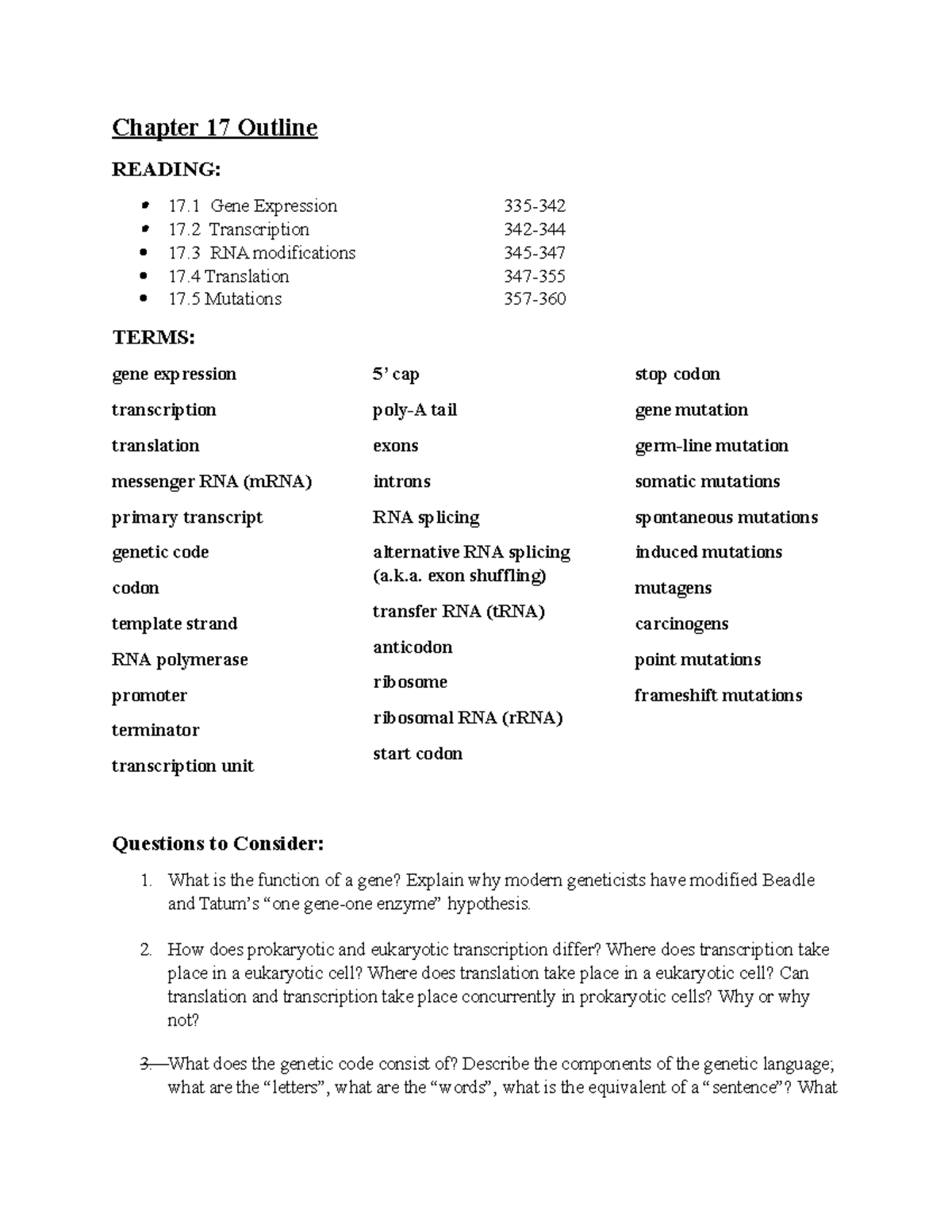 BIO101: Chapter 17 Lecture Notes - Gene Expression & Mutations Overview ...