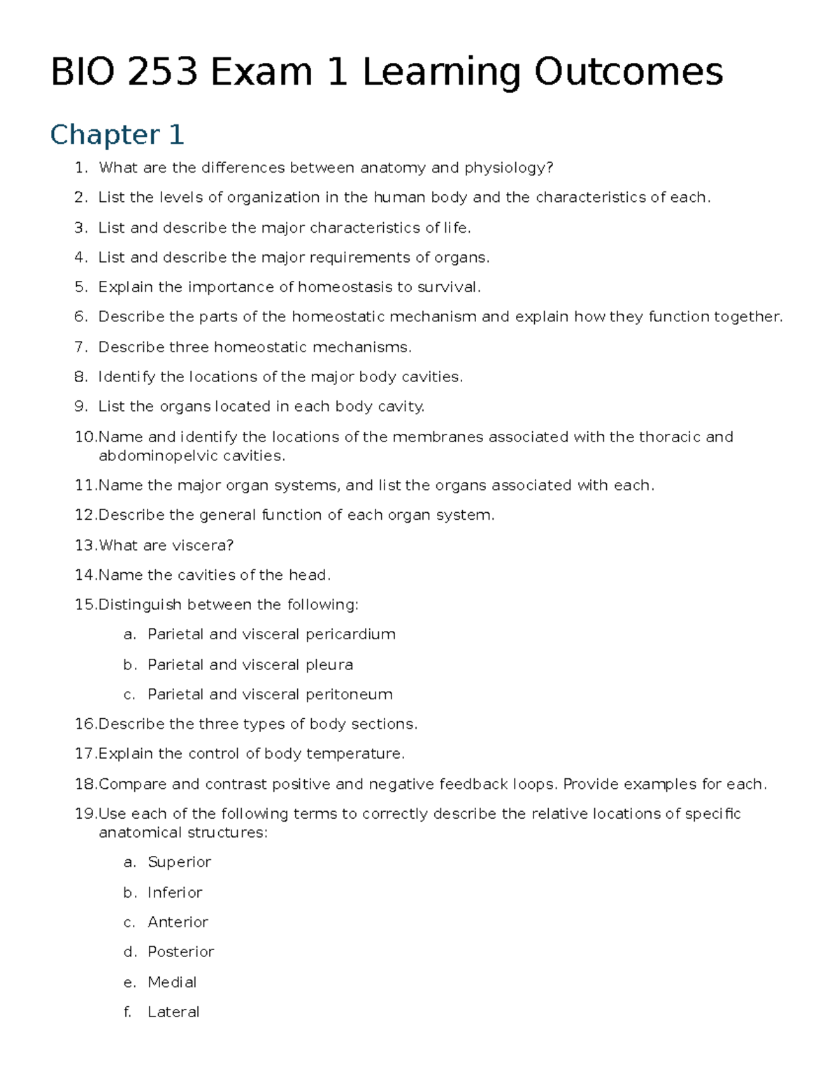 BIO 253 Exam 1 Study Guide: Anatomy, Physiology & Cellular Functions ...