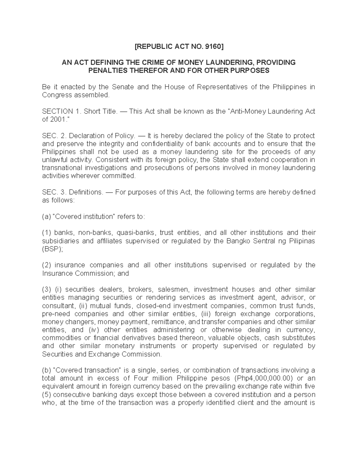RA 9160 - Anti-Money Laundering Act of 2001: Key Provisions and ...