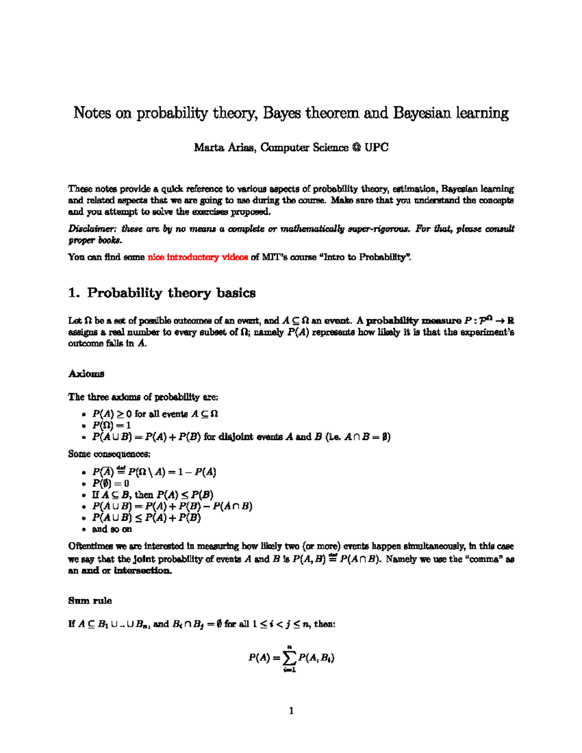 AIML MDC Probability Theory & Bayesian Learning Notes - Studocu