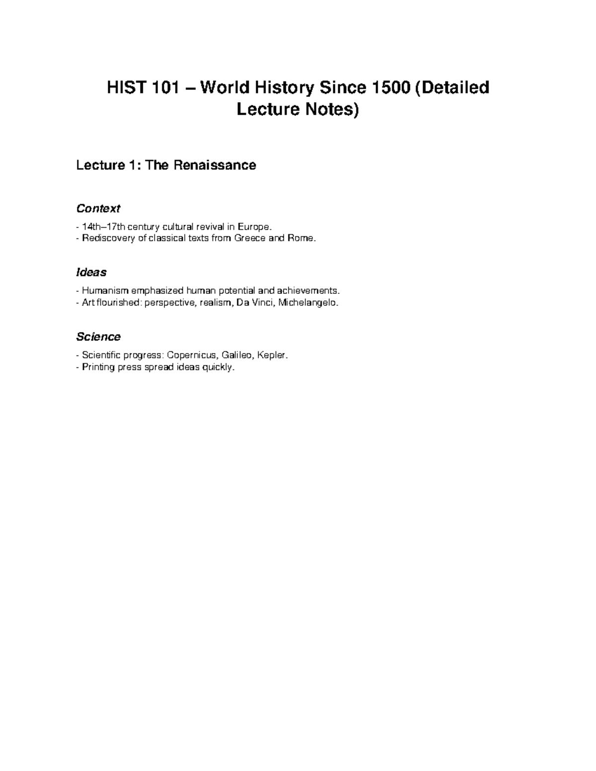 HIST 101 Detailed Lecture Notes: Renaissance to Age of Exploration ...