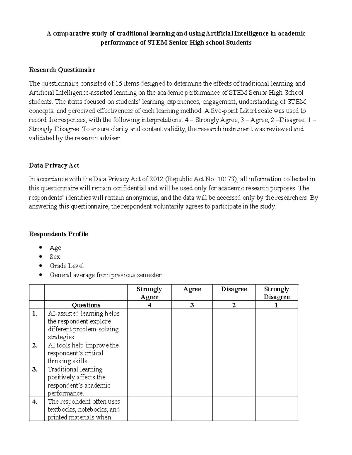 Comparative Study Questionnaire: AI vs Traditional Learning in STEM ...