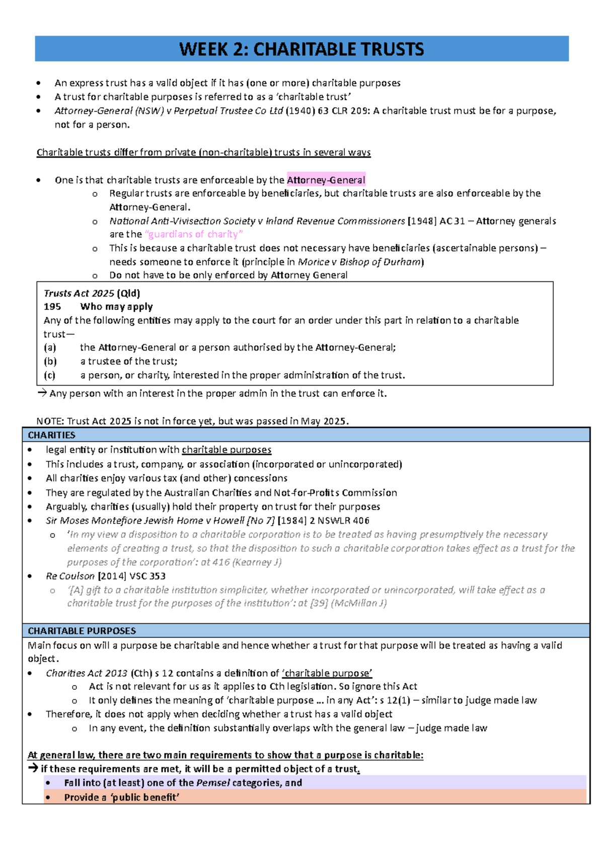 WEEK 2 - LAWS2709 Charitable Trusts Overview and Key Concepts - Studocu
