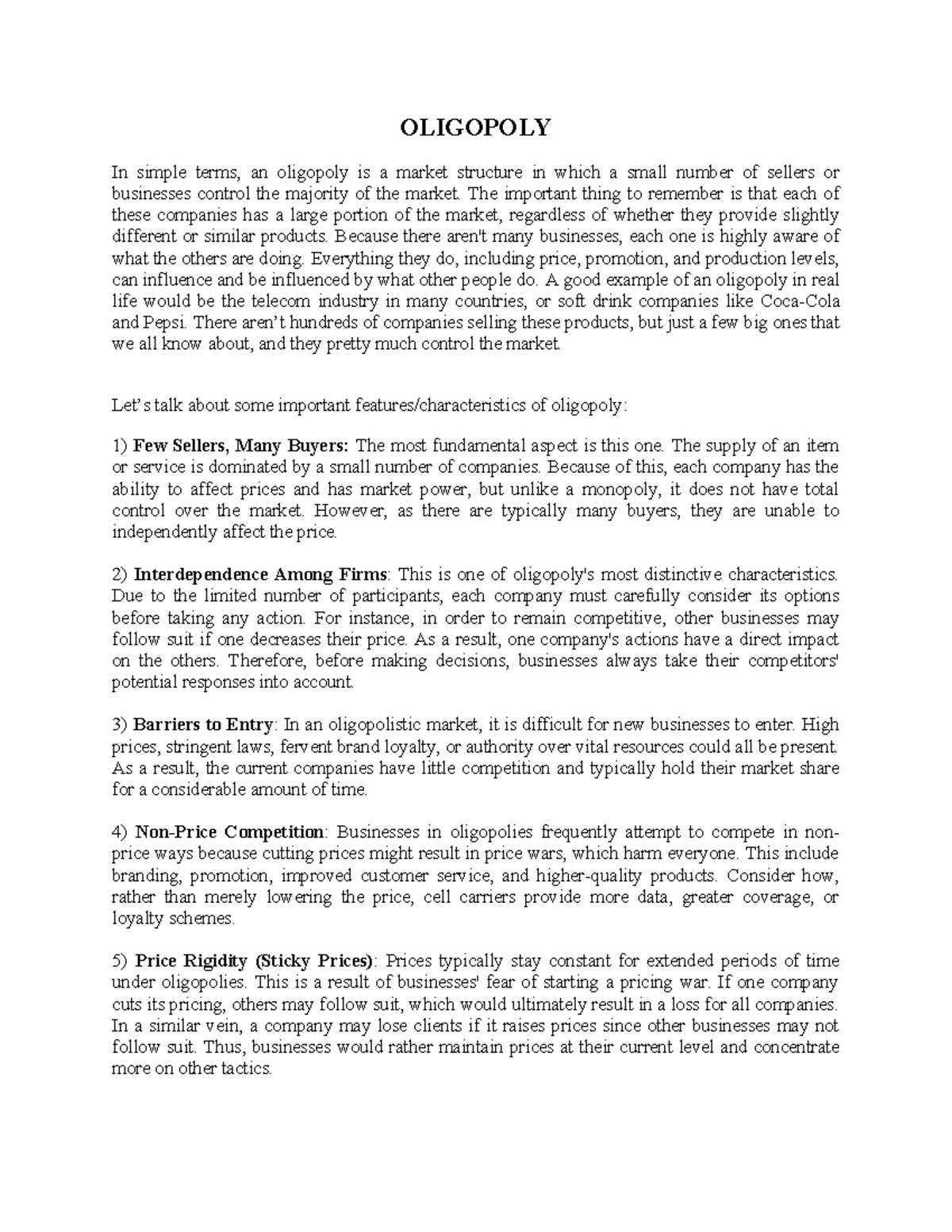 OLIGOPOLY: Key Characteristics and Market Dynamics Explained - Studocu