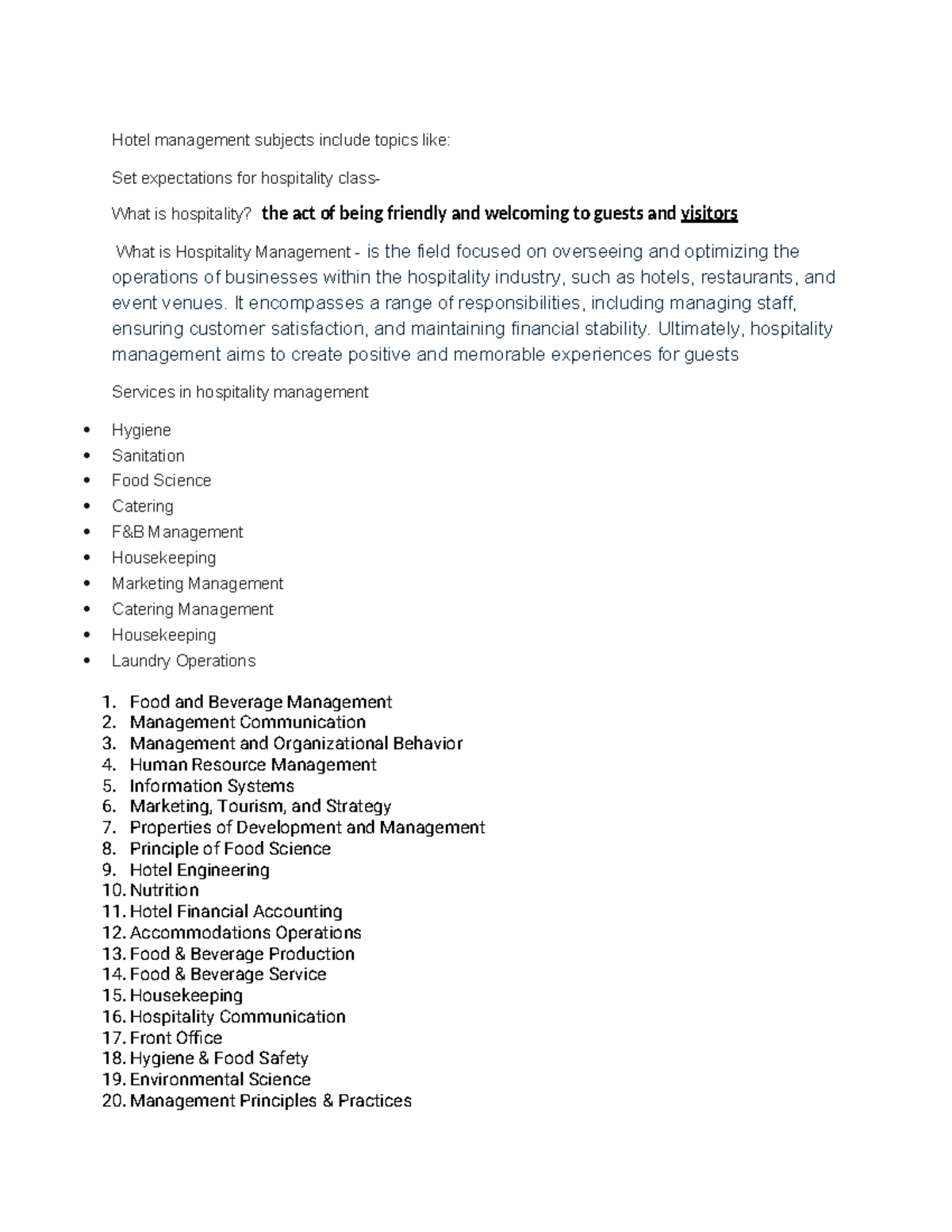 Hotel Management Topics Overview: Key Subjects & Concepts - Studocu