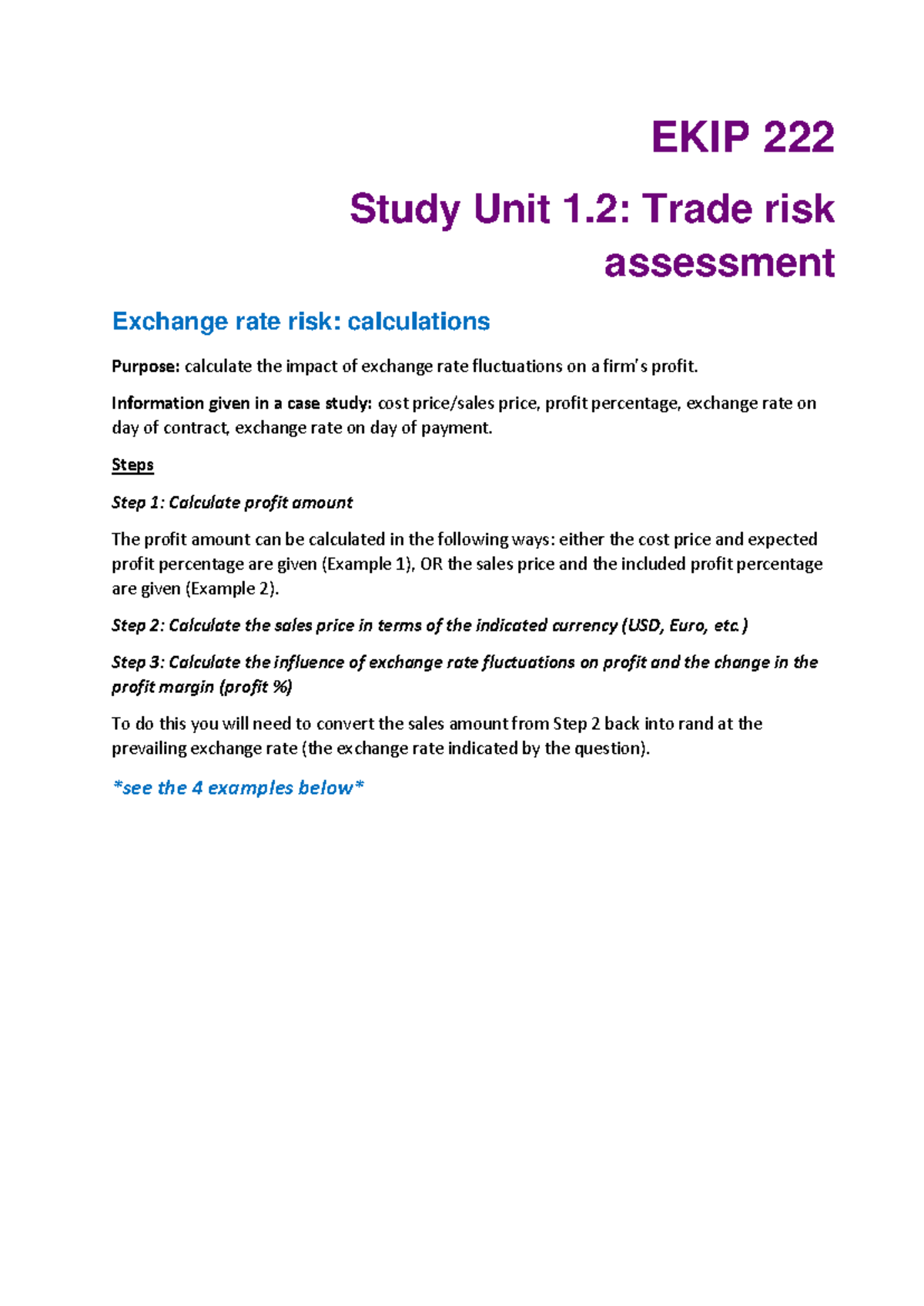 EKIP Study Unit 1.2: Exchange Rate Risk Calculations and Impact ...
