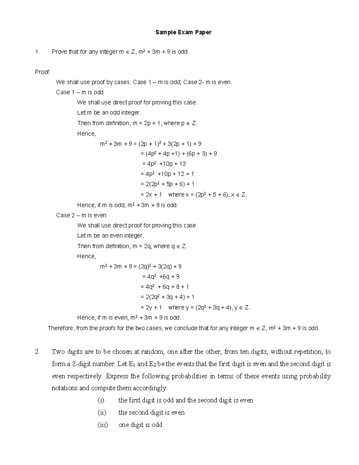 Sample Exam paper - Sample Exam Paper Prove that for any integer m Z, m ...