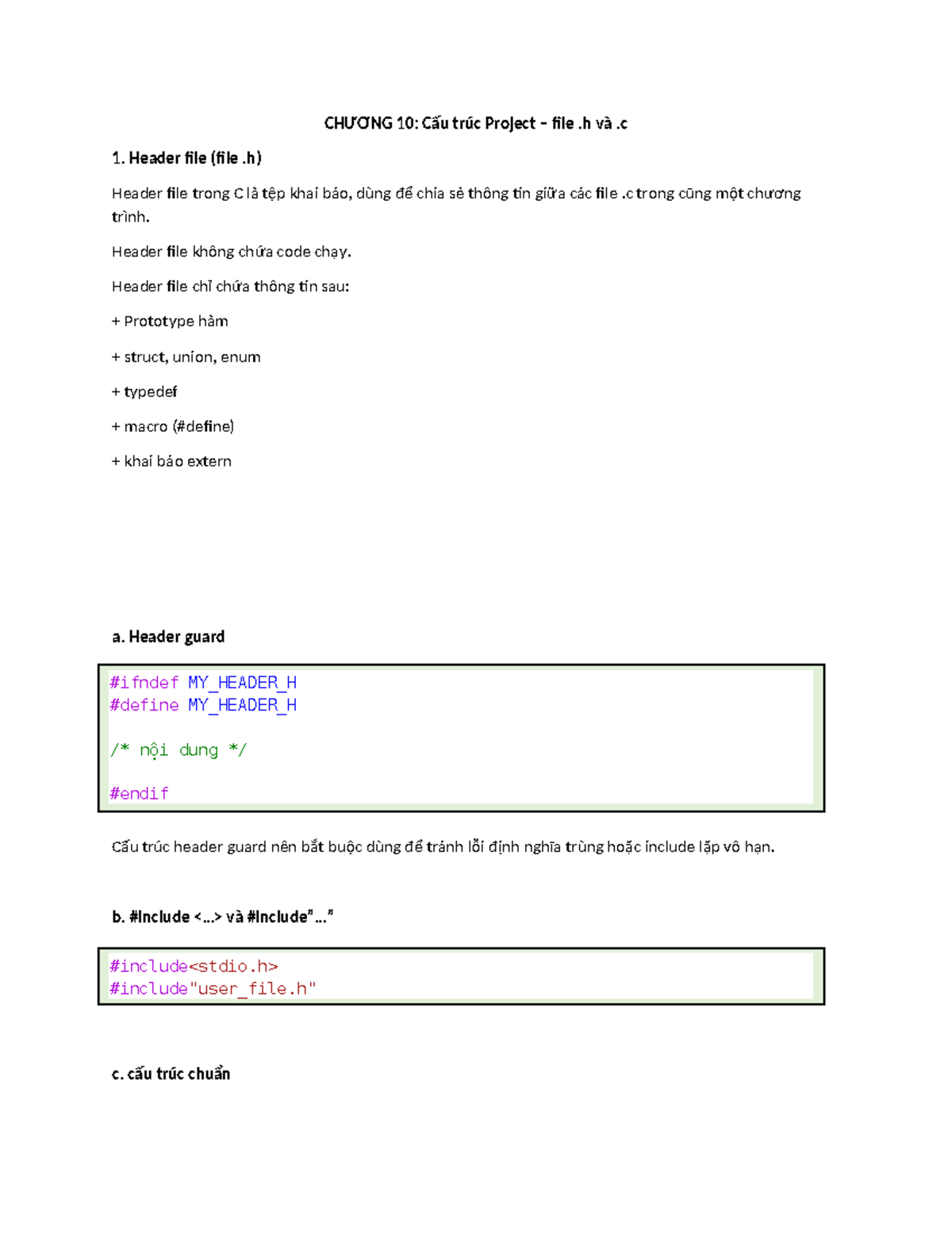 Lập Trình C - Chương 10: Tổ Chức File .h và .c trong Project - Studocu