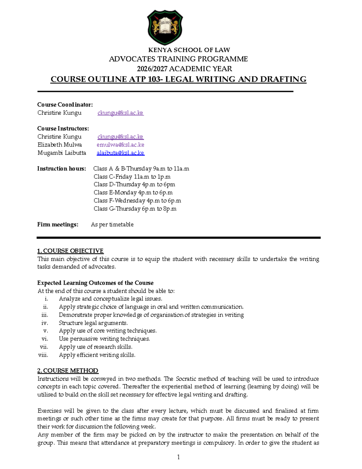 ATP 103 Legal Writing & Drafting Course Outline 2026-2027 - Studocu