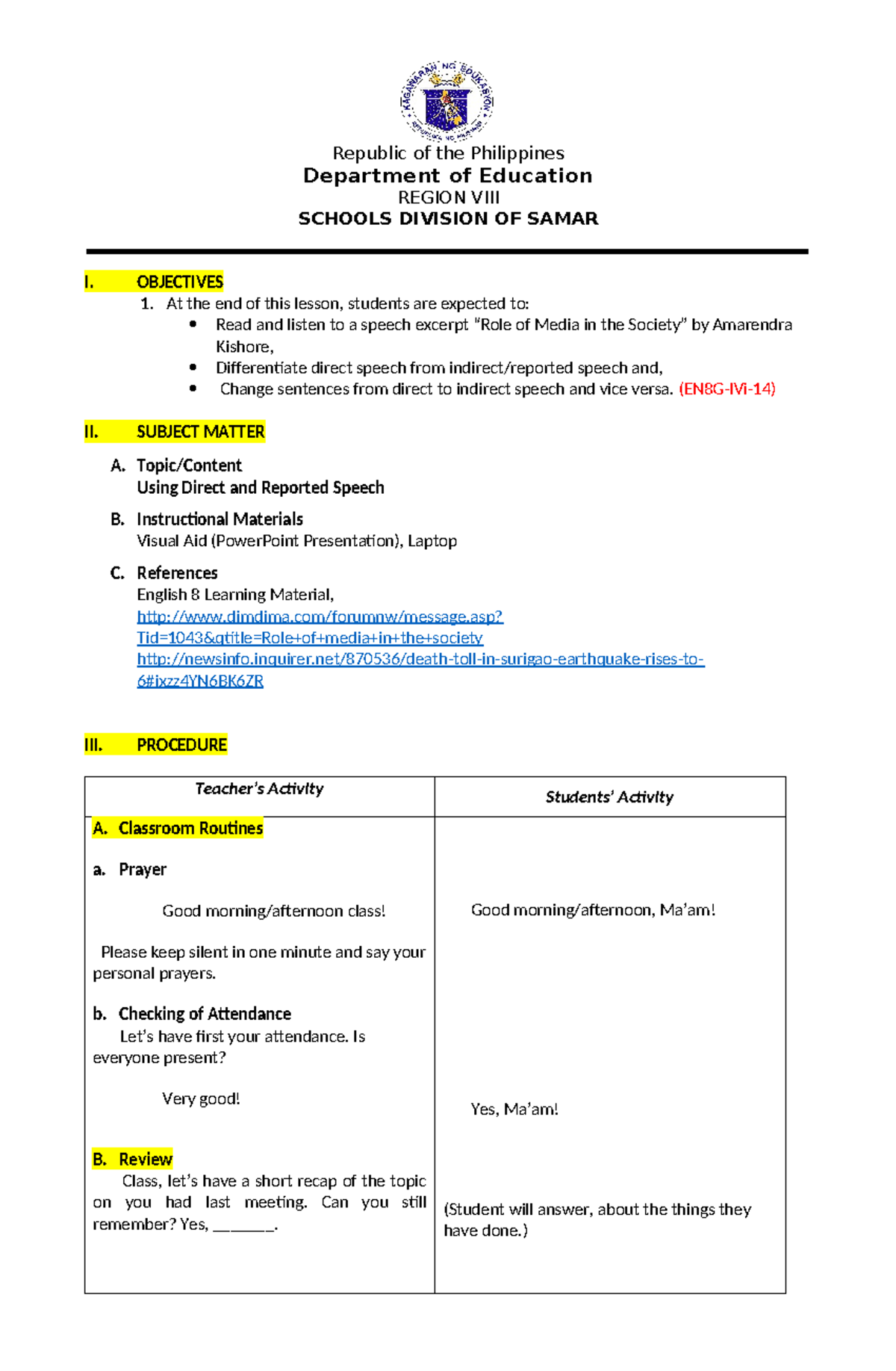 DLP Grade 8: Detailed Lesson Plan on Direct and Reported Speech - Studocu