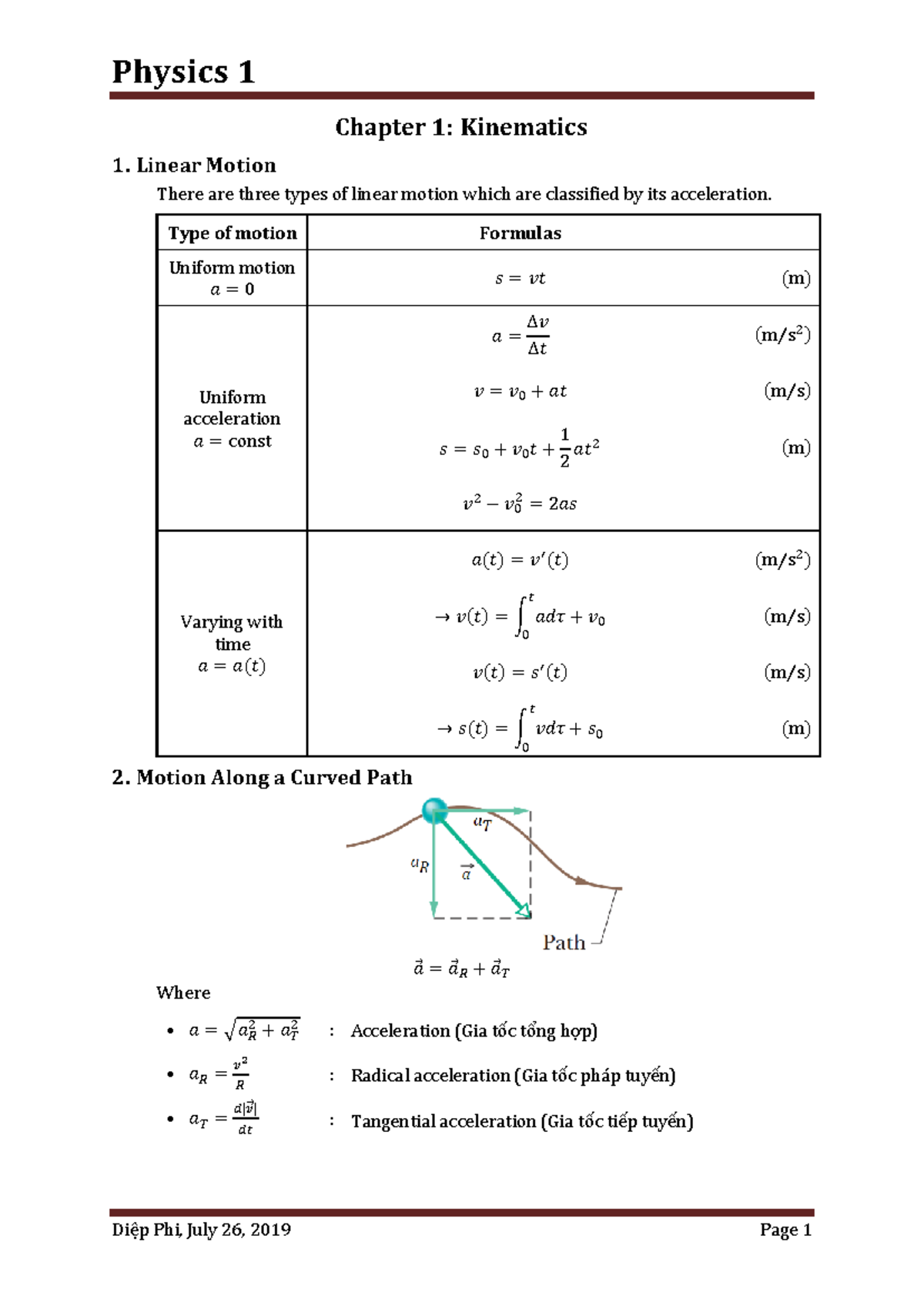 Physics-1-1 - Physics1 - Chapter 1: Kinematics 1. Linear Motion There ...