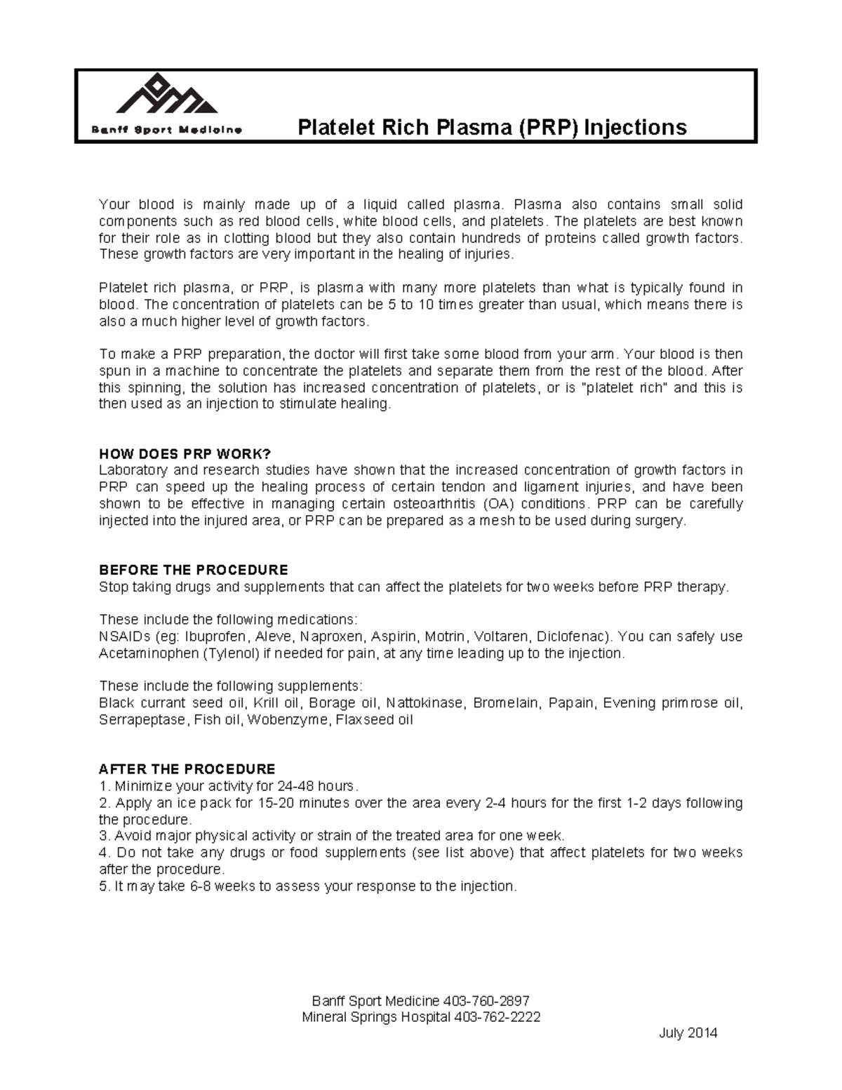 PRP Injections: Patient Information Handout for 403-760 Course - Studocu