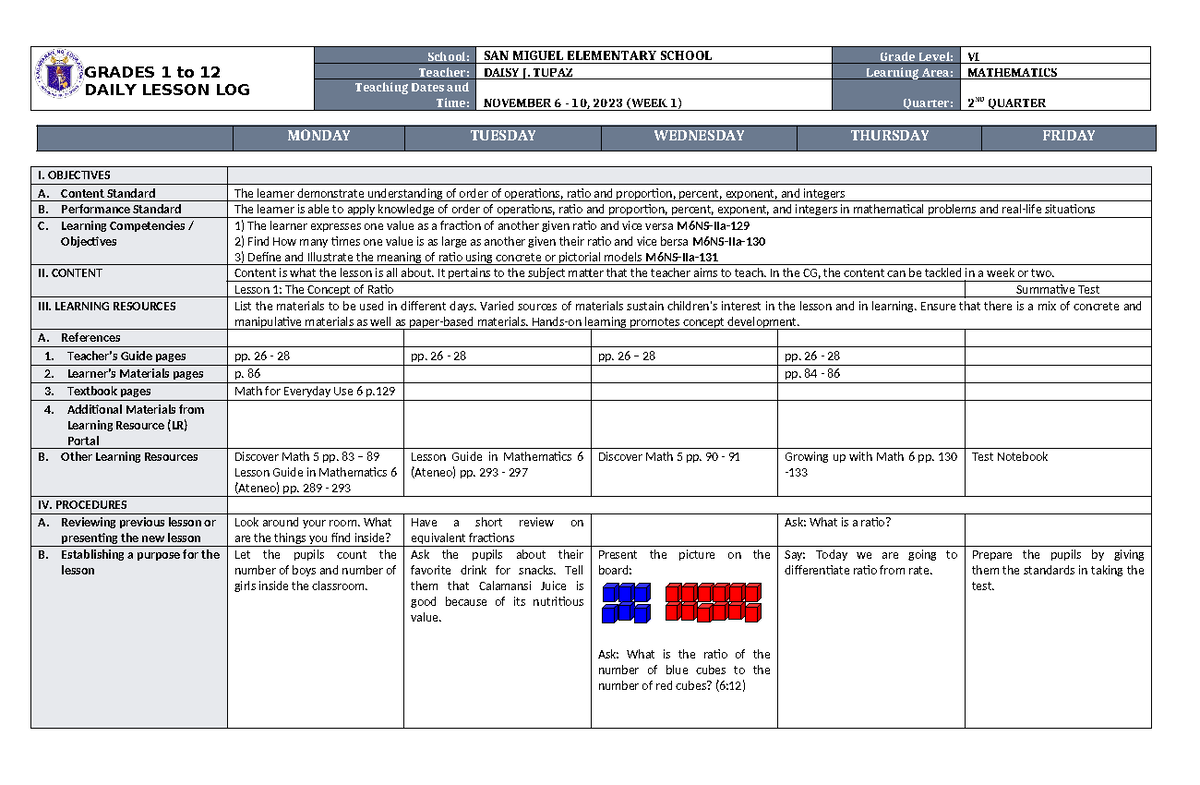 DLL MATH 6 Q2 W1 - yummityrebaw - GRADES 1 to 12 DAILY LESSON LOG ...
