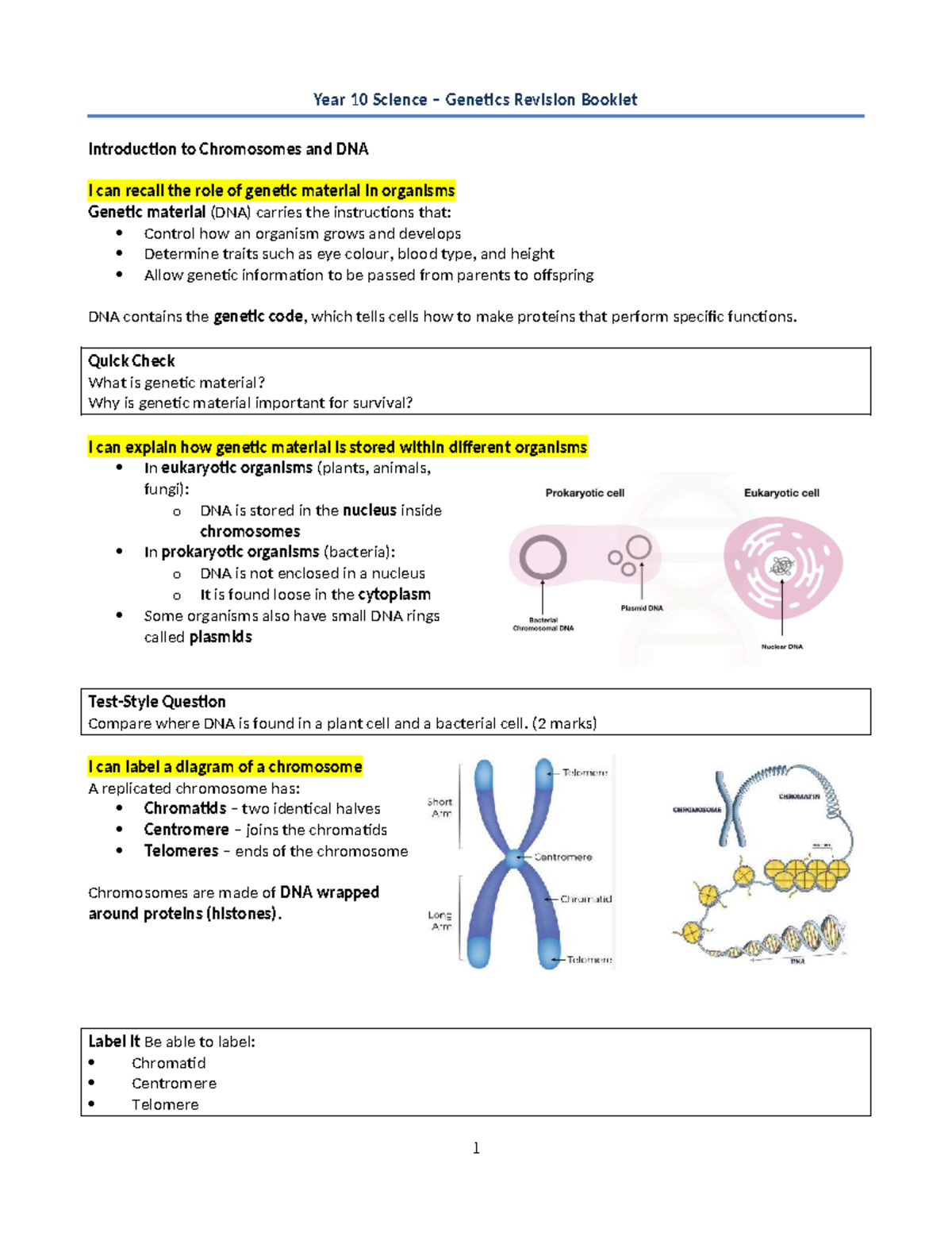 Year 10 Science Genetics Revision Booklet: Chromosomes & DNA Overview ...