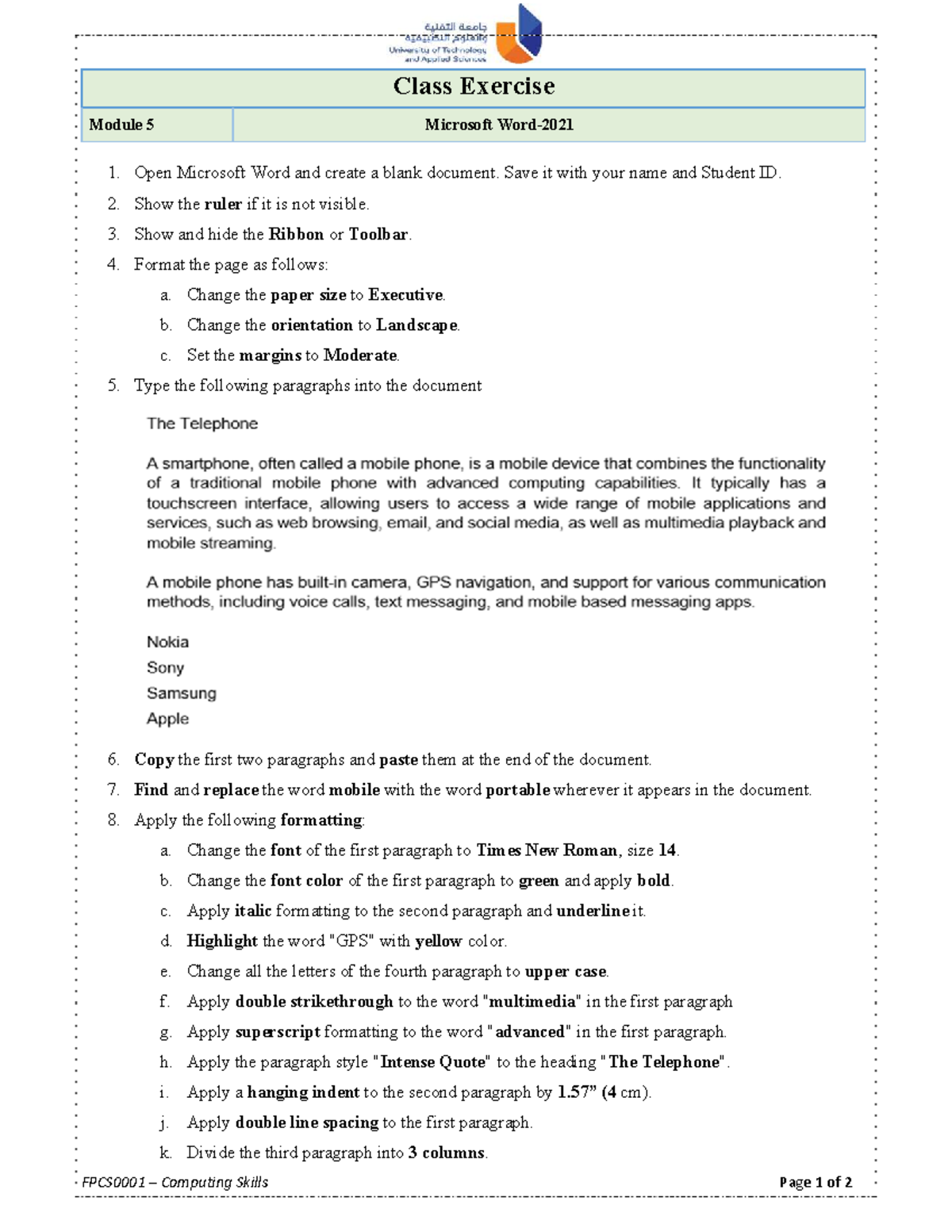 Class Exercise Module 5: Microsoft Word Formatting Guide - Studocu