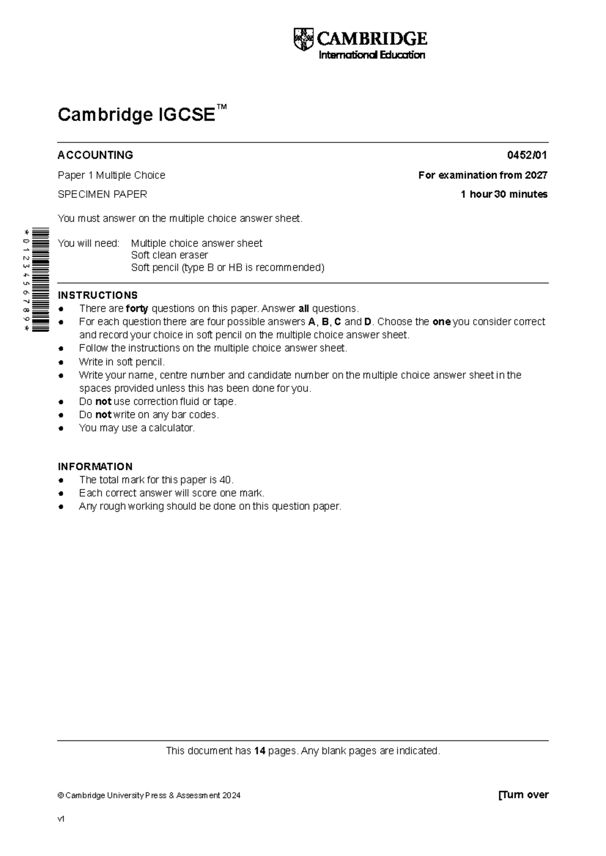 Cambridge IGCSE Accounting 0452 Specimen Paper 1 (2027) - Studocu