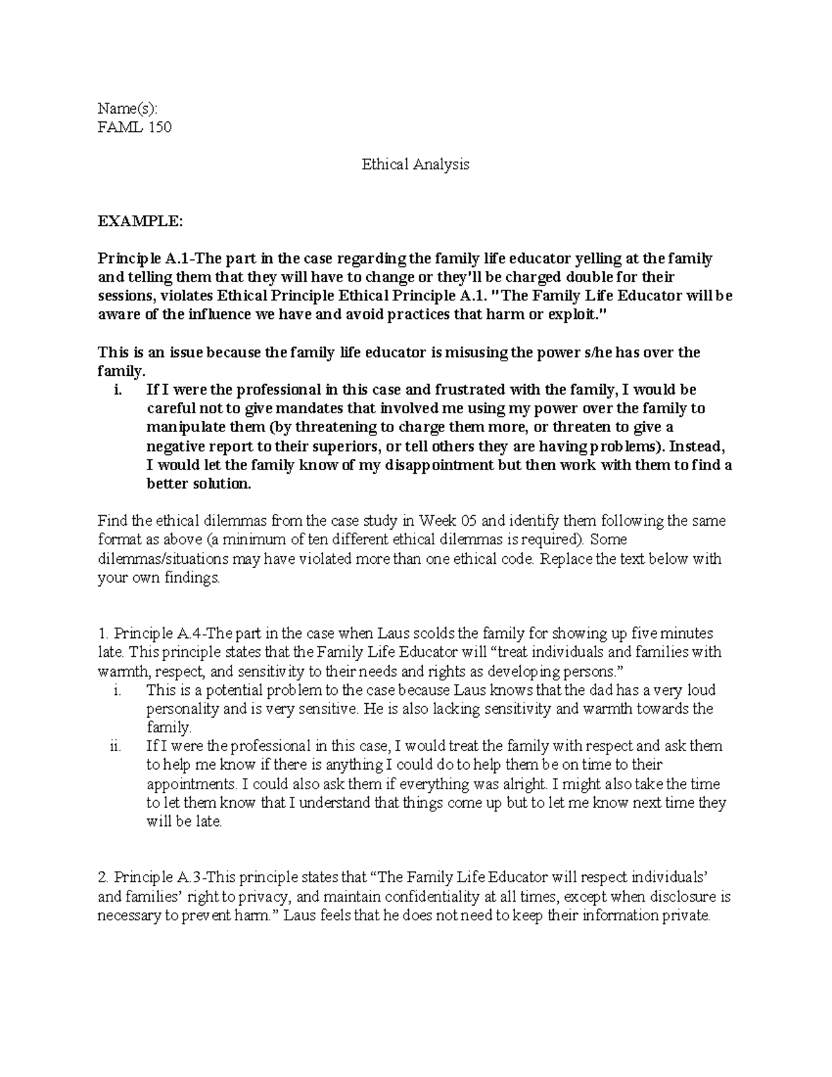 W05-Ethical Analysis - Name(s): FAML 150 Ethical Analysis EXAMPLE ...