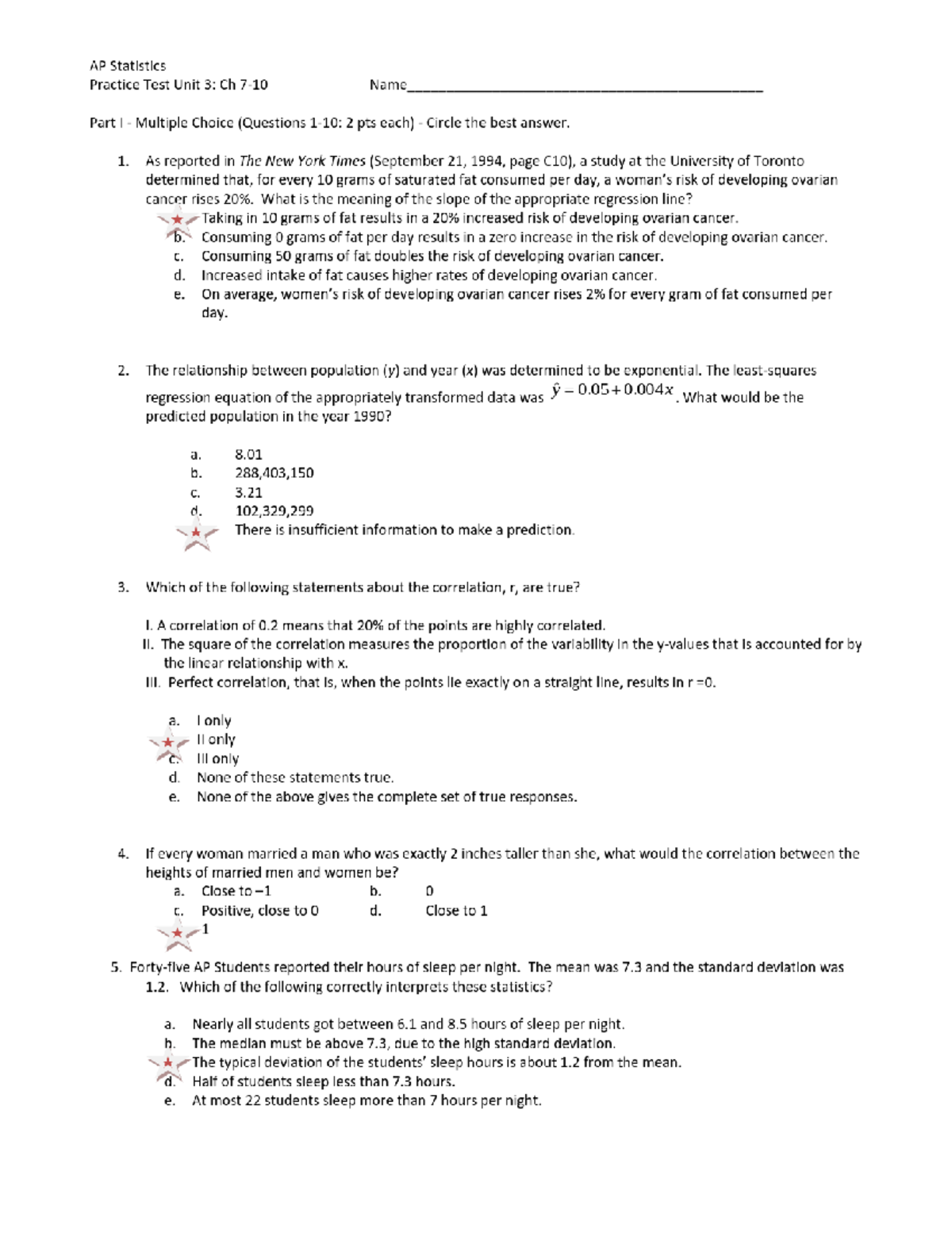 AP Statistics Practice Test Unit 3: Chapters 7-10 Key Answers - Studocu