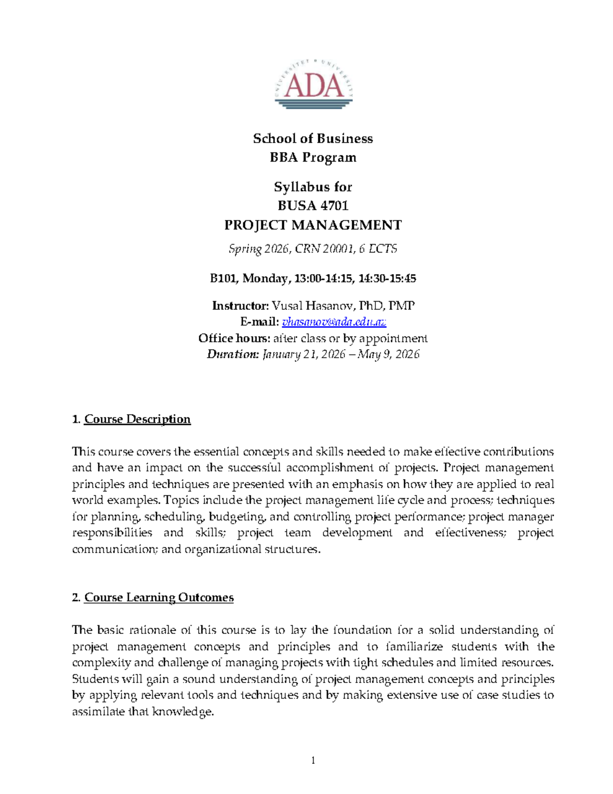BUSA 4701 Project Management Syllabus - Spring 2026 - Studocu