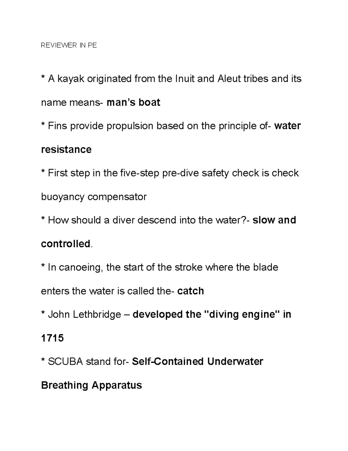 REVIEWER IN PE: Kayaking, Canoeing, and SCUBA Basics - Studocu
