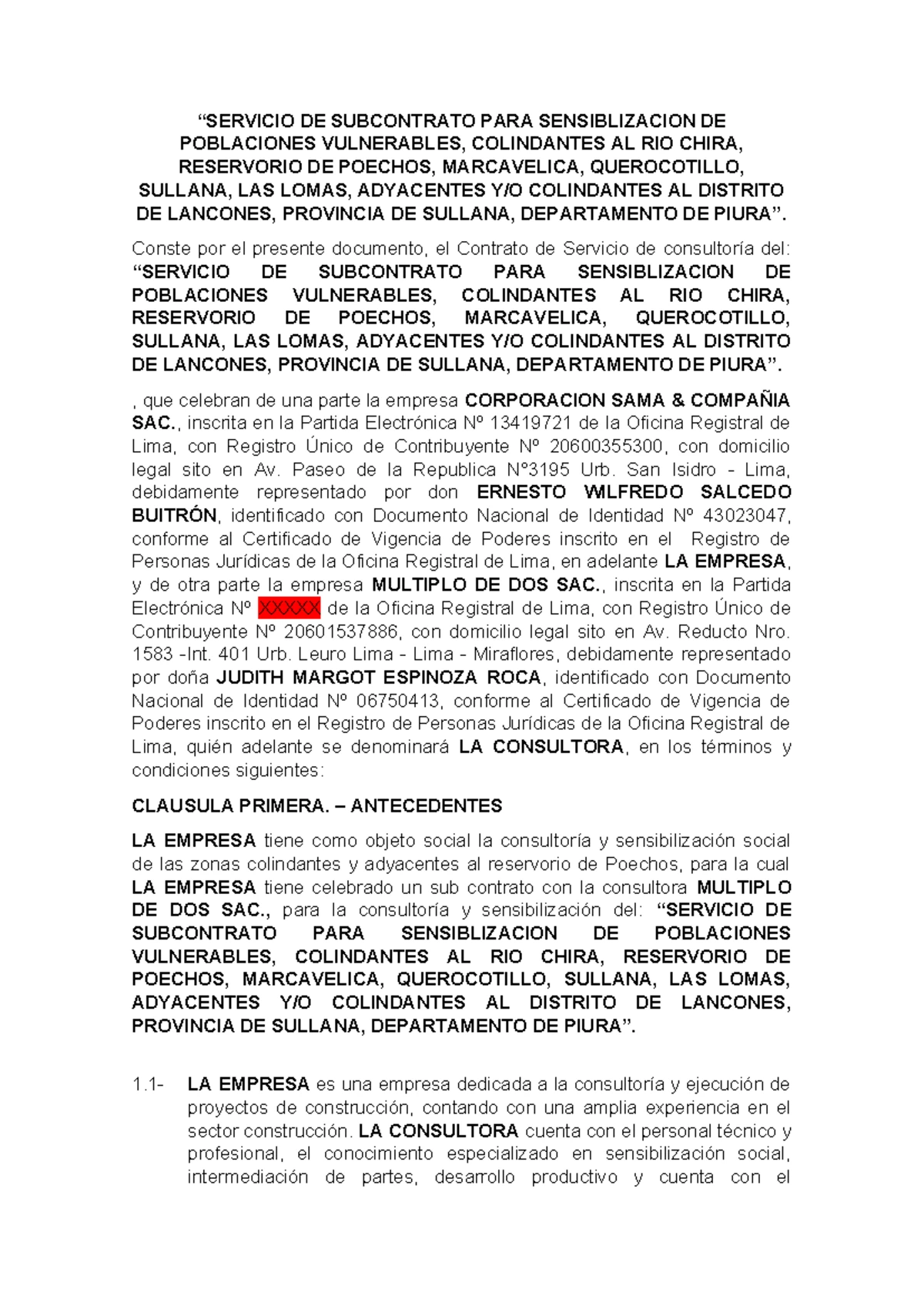 Contrato de Subcontratación de Obra - Corporación SAMA SAC - Studocu