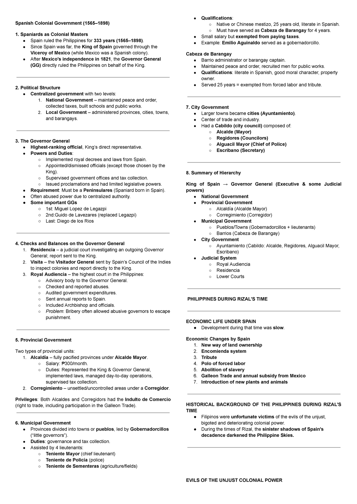 Spanish Colonial Government in the Philippines: Rizal Notes 2 - Studocu