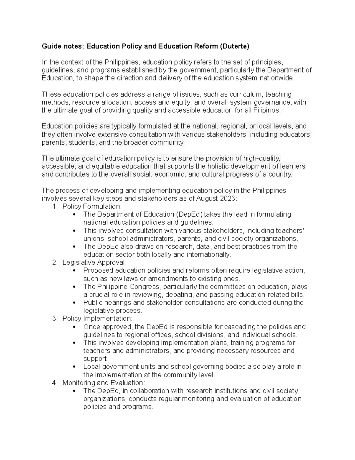 Guide notes - These education policies address a range of issues, such ...
