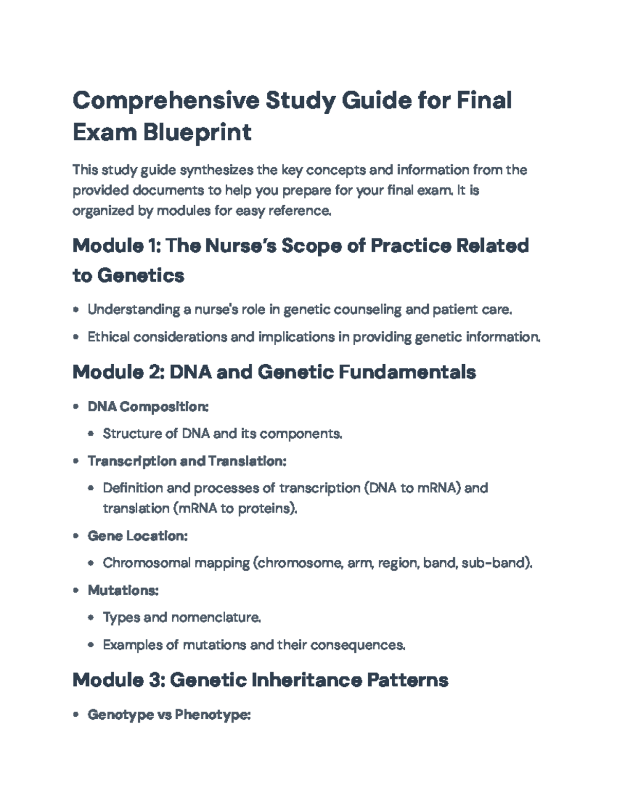 Comprehensive Study Guide for Genetics Final Exam (Course Code: NURS ...