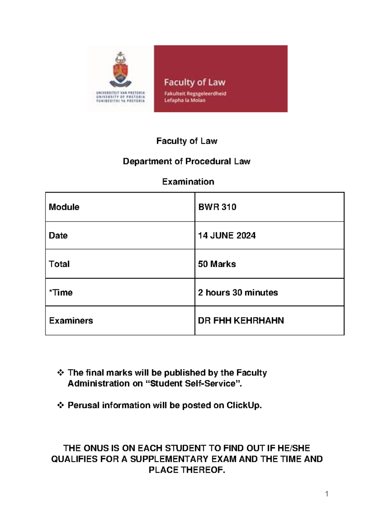 BWR 310 Final Exam: Procedural Law Examination - June 2024 - Studocu