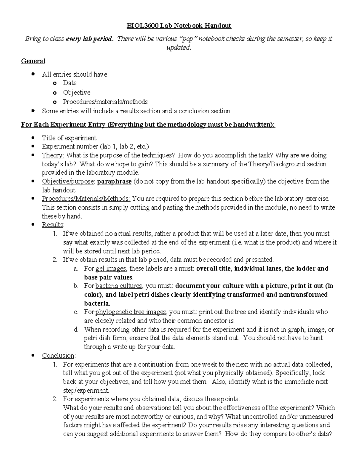 BIOL3600 Lab Notebook Guidelines for Experiment Documentation - Studocu