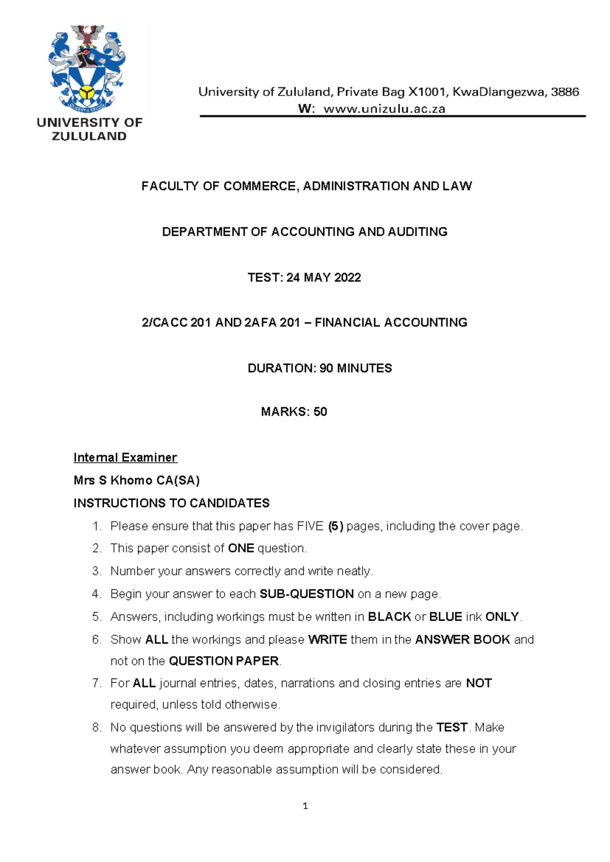 Test: 24 May 2022 - AFA 201 Financial Accounting Past Paper - Studocu