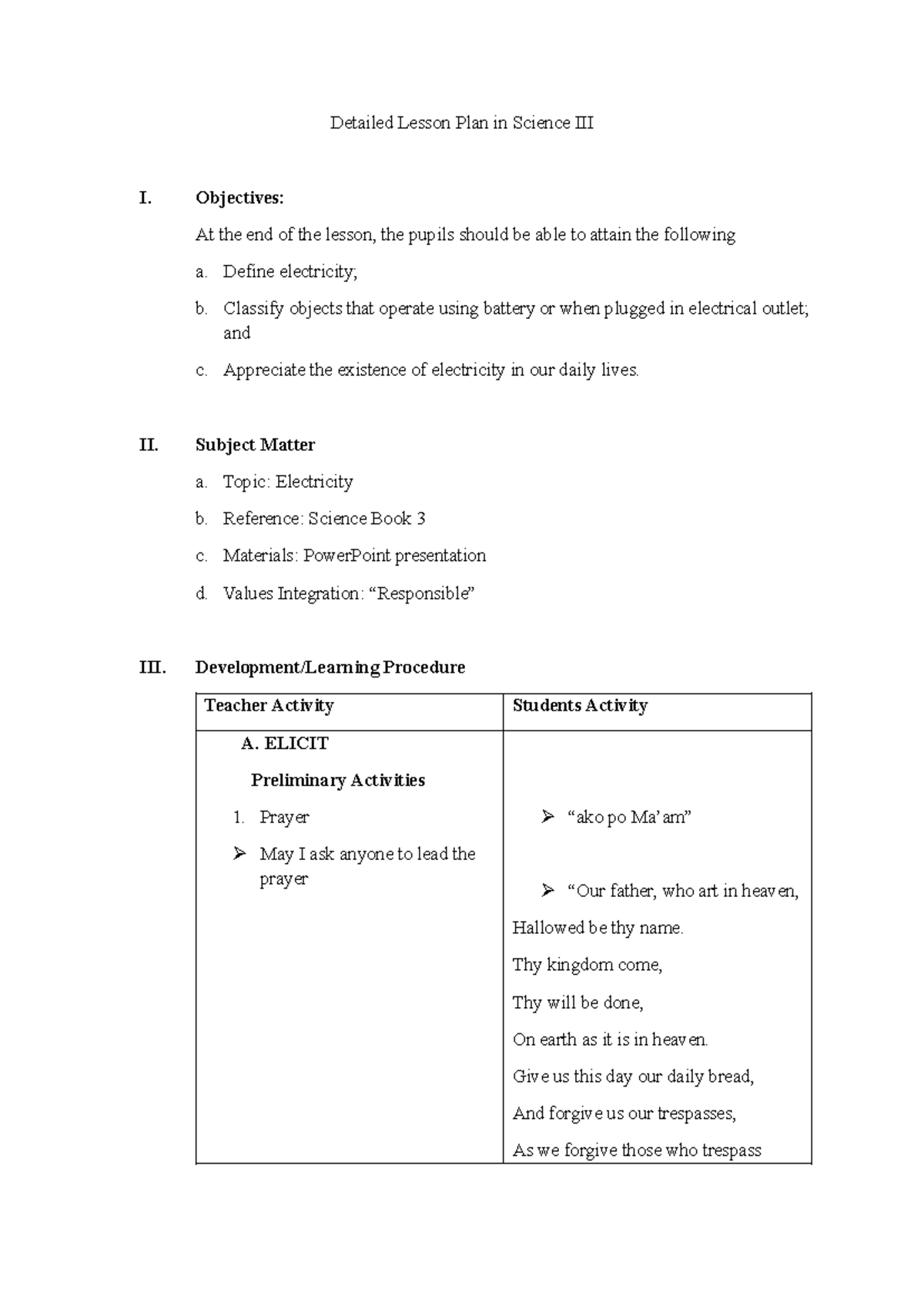 Detailed Lesson Plan in Science I: Understanding Electricity - Studocu