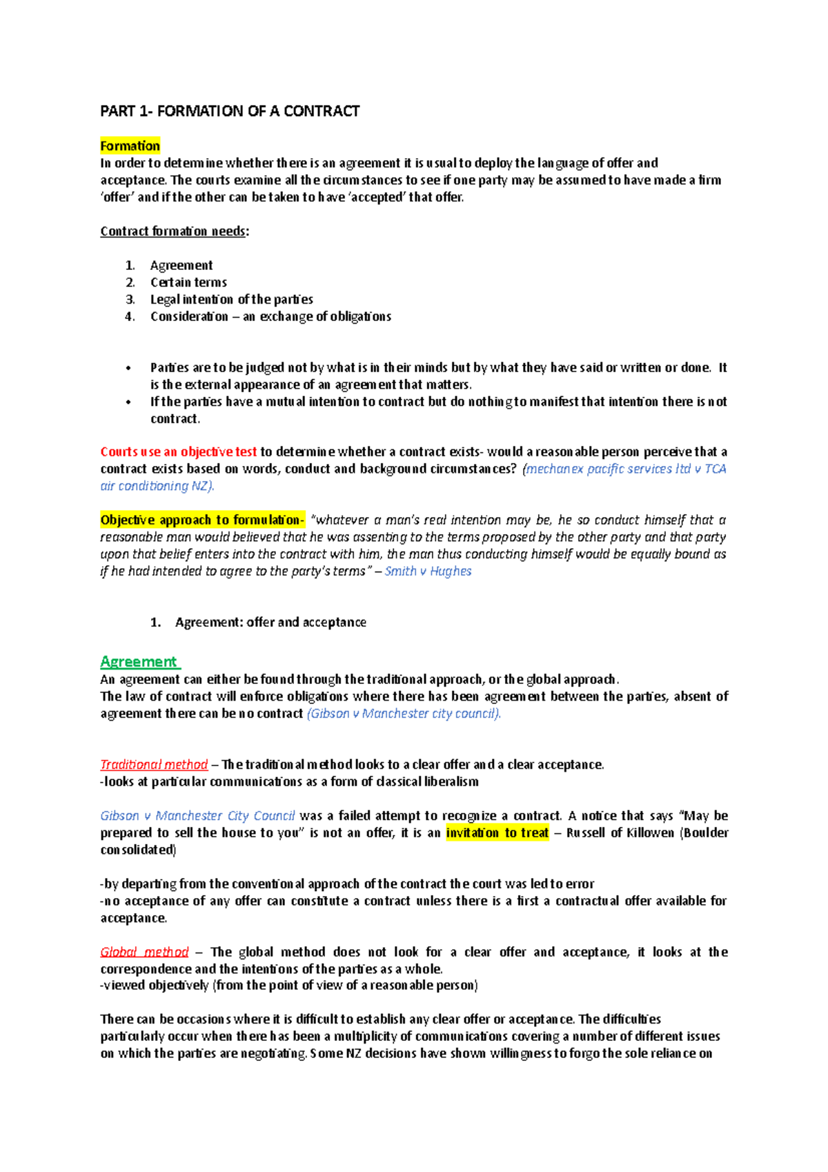 Contract exam condensed - PART 1- FORMATION OF A CONTRACT Formation In ...