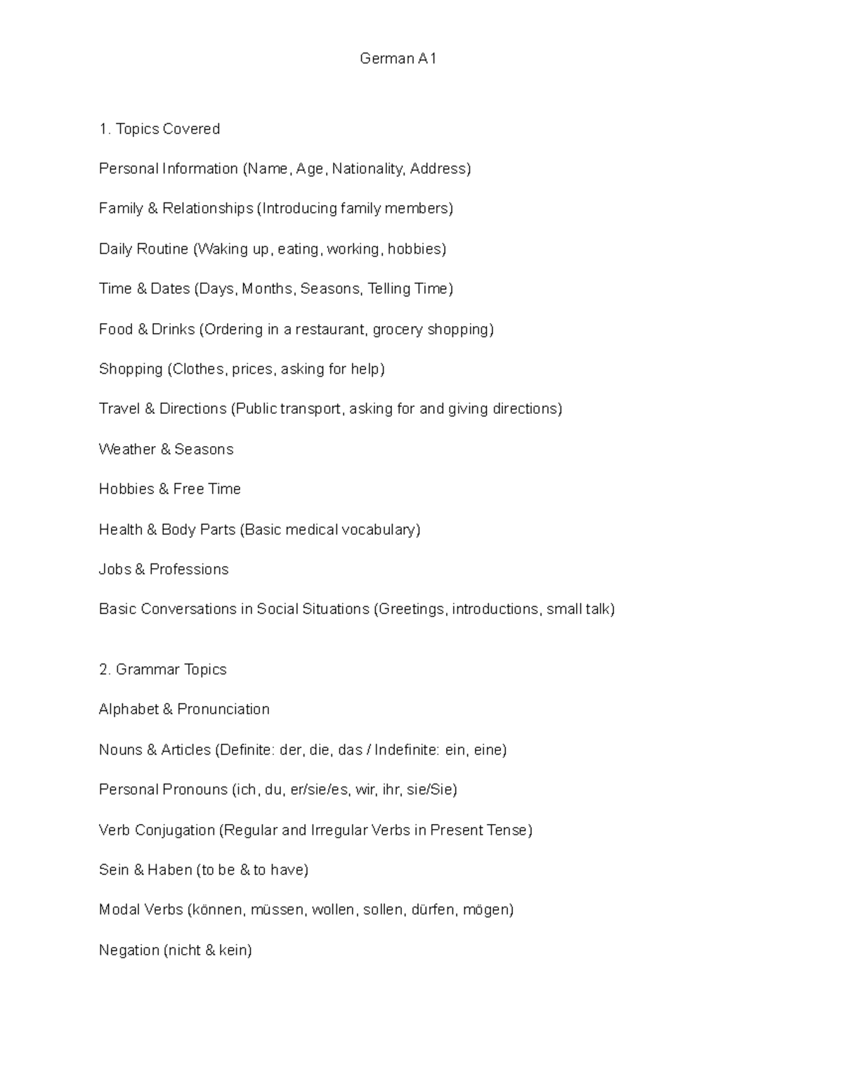 German A1 Final Exam Study Guide: Topics & Exercises - Studocu