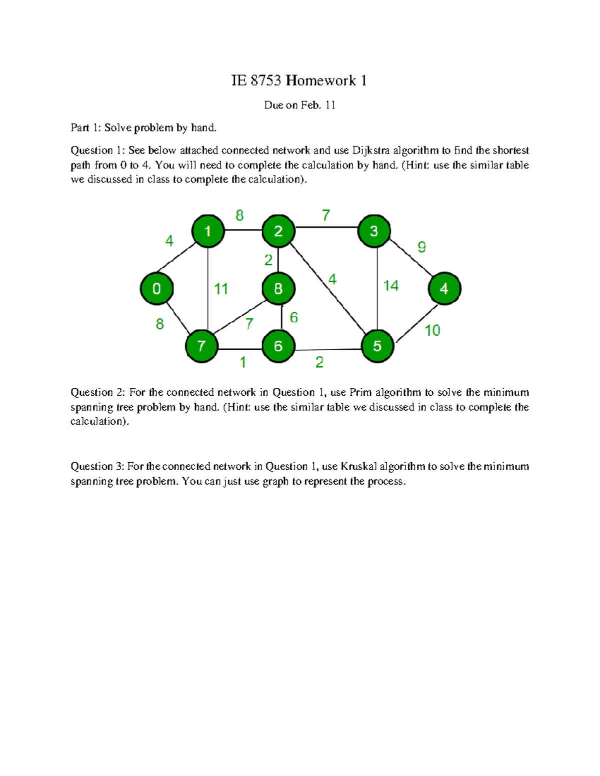 IE 8753 - Homework 1: Shortest Path & Minimum Spanning Trees - Studocu
