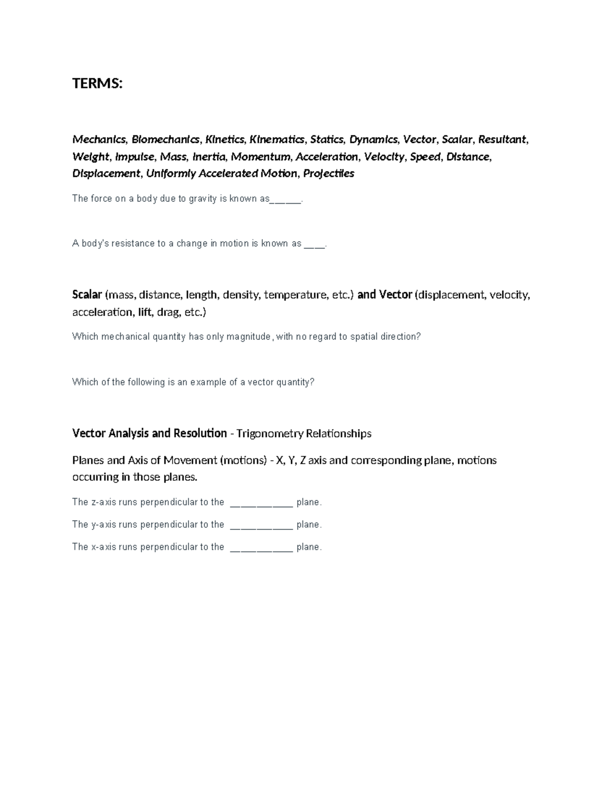 KIN 101: Mechanics and Dynamics Concepts Overview and Study Guide ...