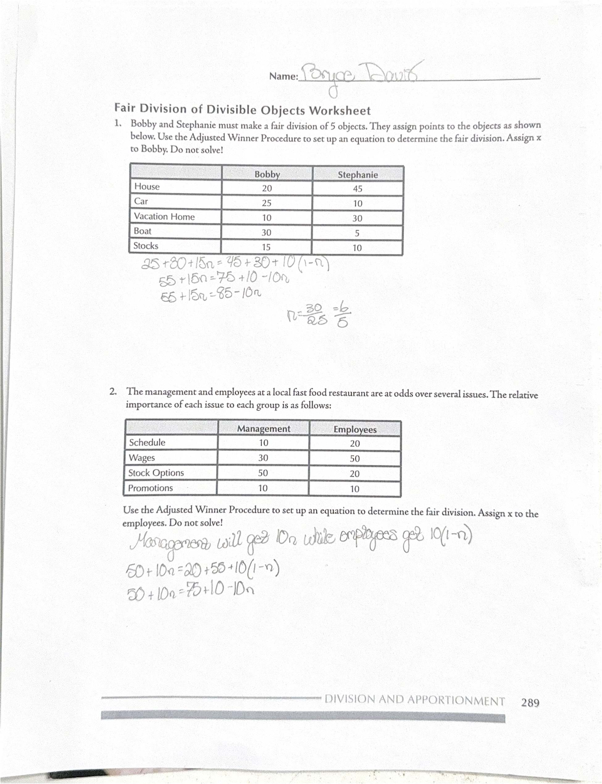 Fair Division of Divisible Objects Worksheet 1 - Adjusted Winner ...