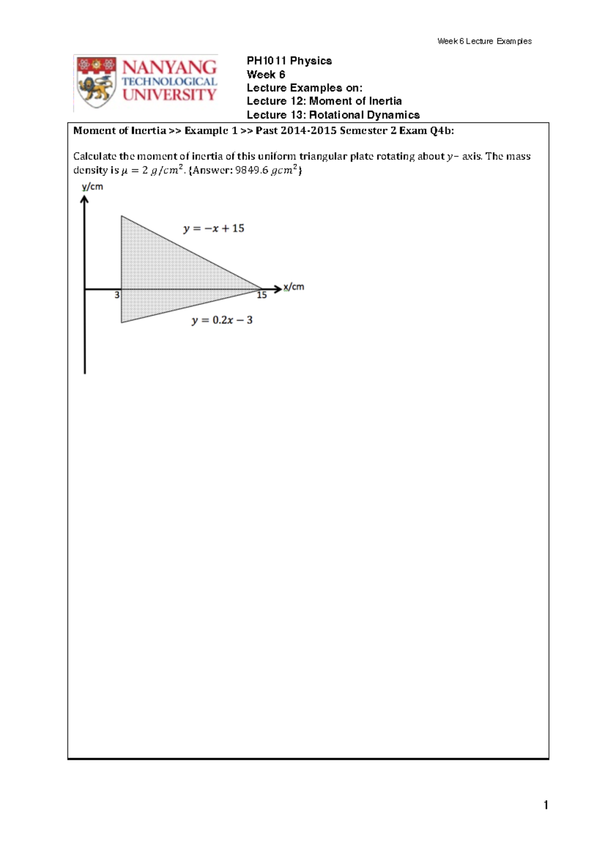 PH1011 Lecture Examples for Week 6: Moment of Inertia & Dynamics - Studocu