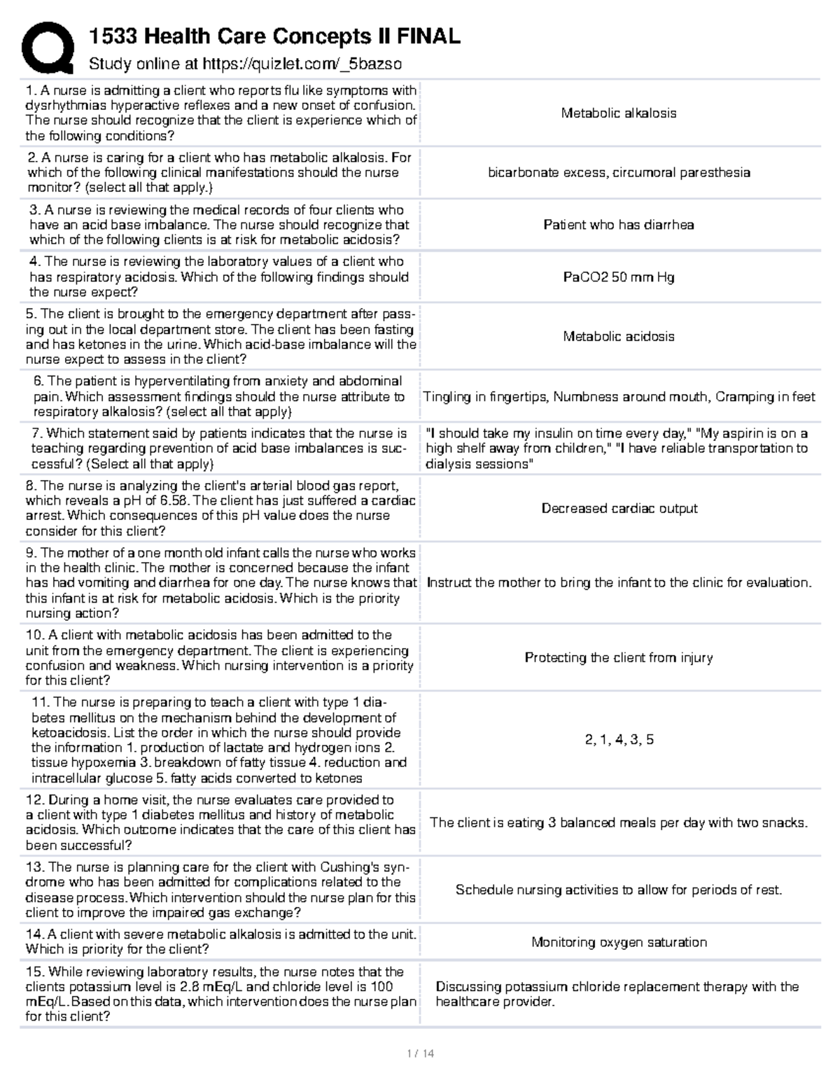 1533 Health Care Concepts II Final Exam Study Guide: Acid-Base ...