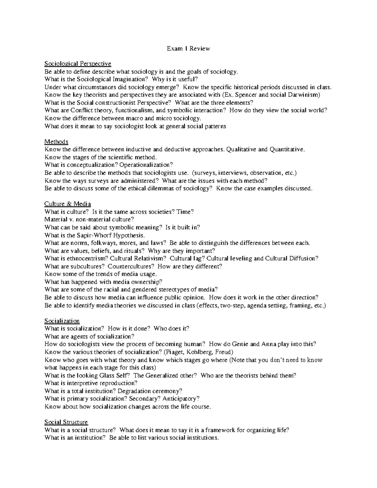 Sociology Exam 1 Review Notes (SOC101): Key Concepts & Theories - Studocu