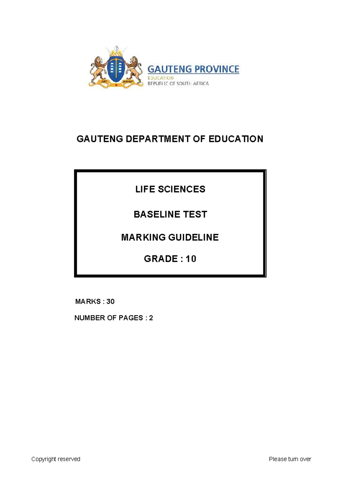 Grade 10 Life Sciences Baseline Test Marking Guideline 2026 - Studocu