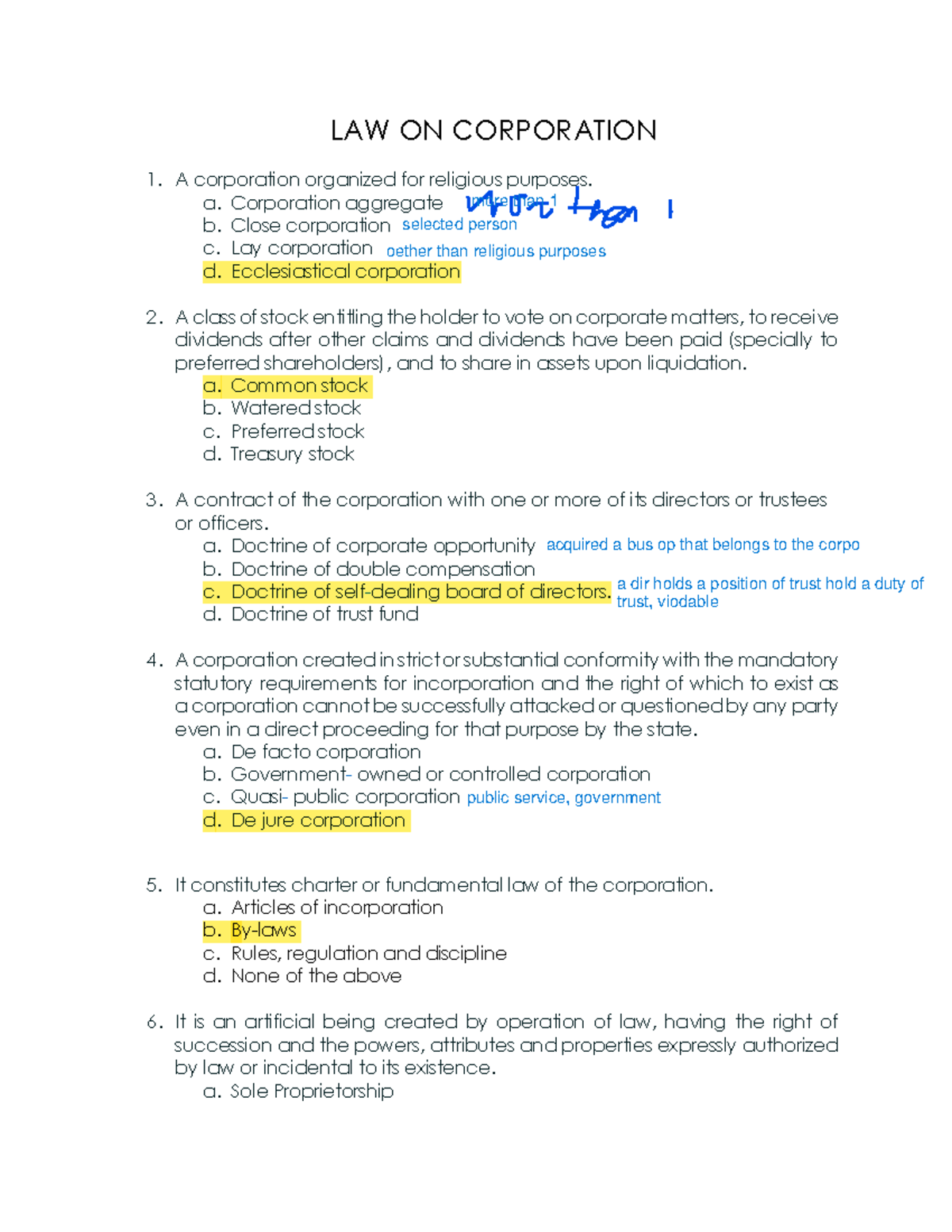 LAW 101: Comprehensive Review Material on Corporate Law Concepts - Studocu