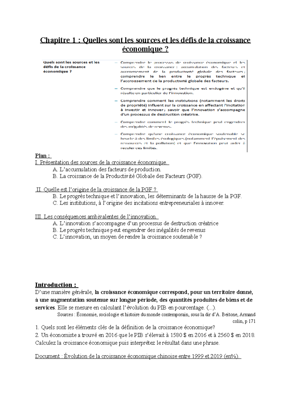 Chapitre 1 SES - Sources et Défis de la Croissance Économique - Studocu