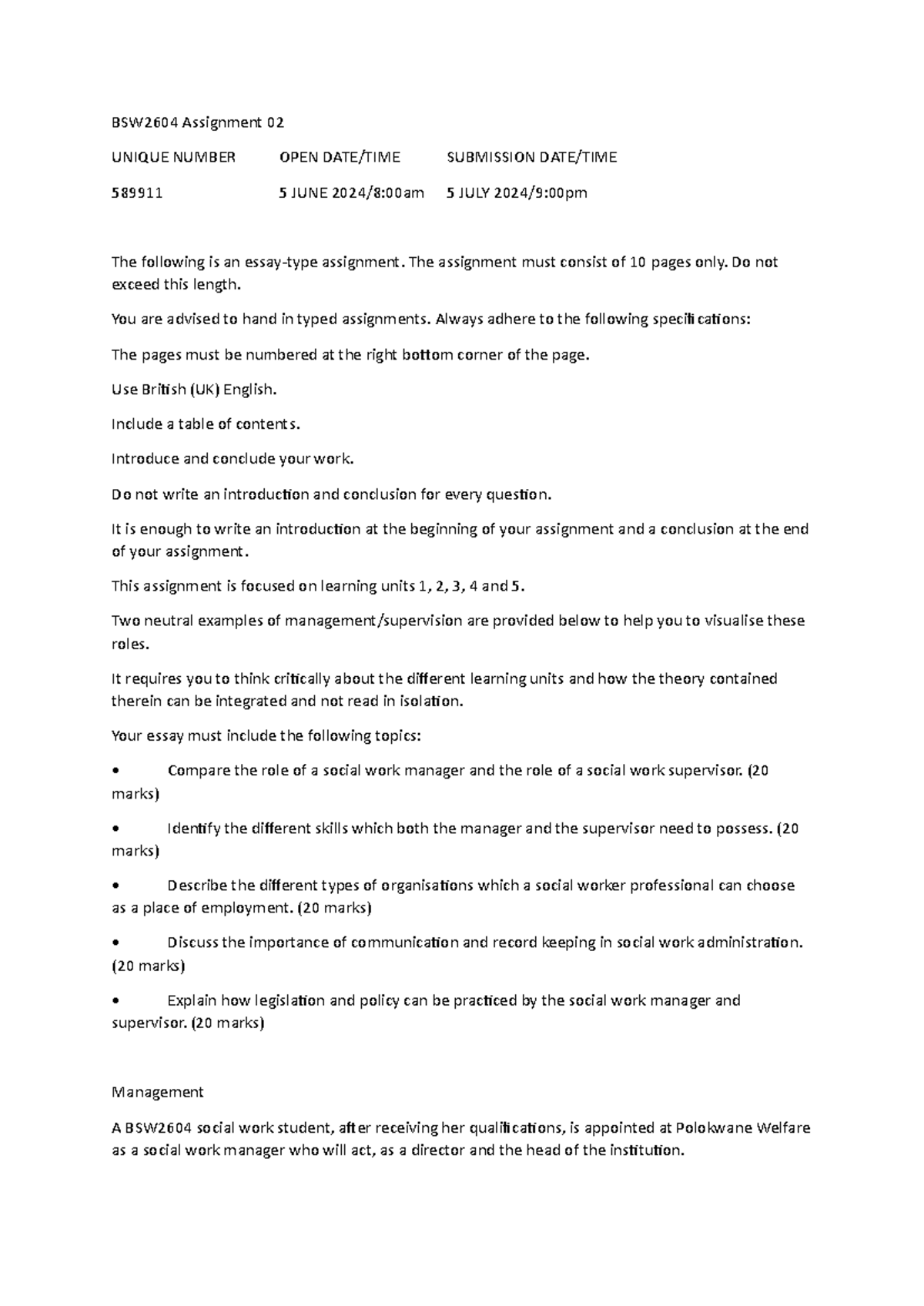 BSW2604 Essay Assignment 02: Social Work Management & Supervision - Studocu